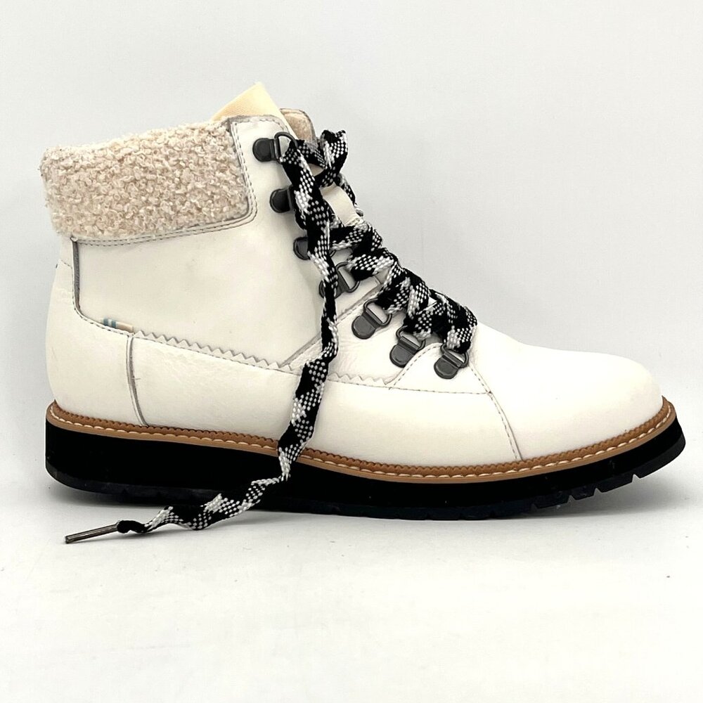 Toms Boots Womens 8.5 White Leather Lace Up Faux Fur Ankle Casual Flat Round Toe - Picture 8 of 16